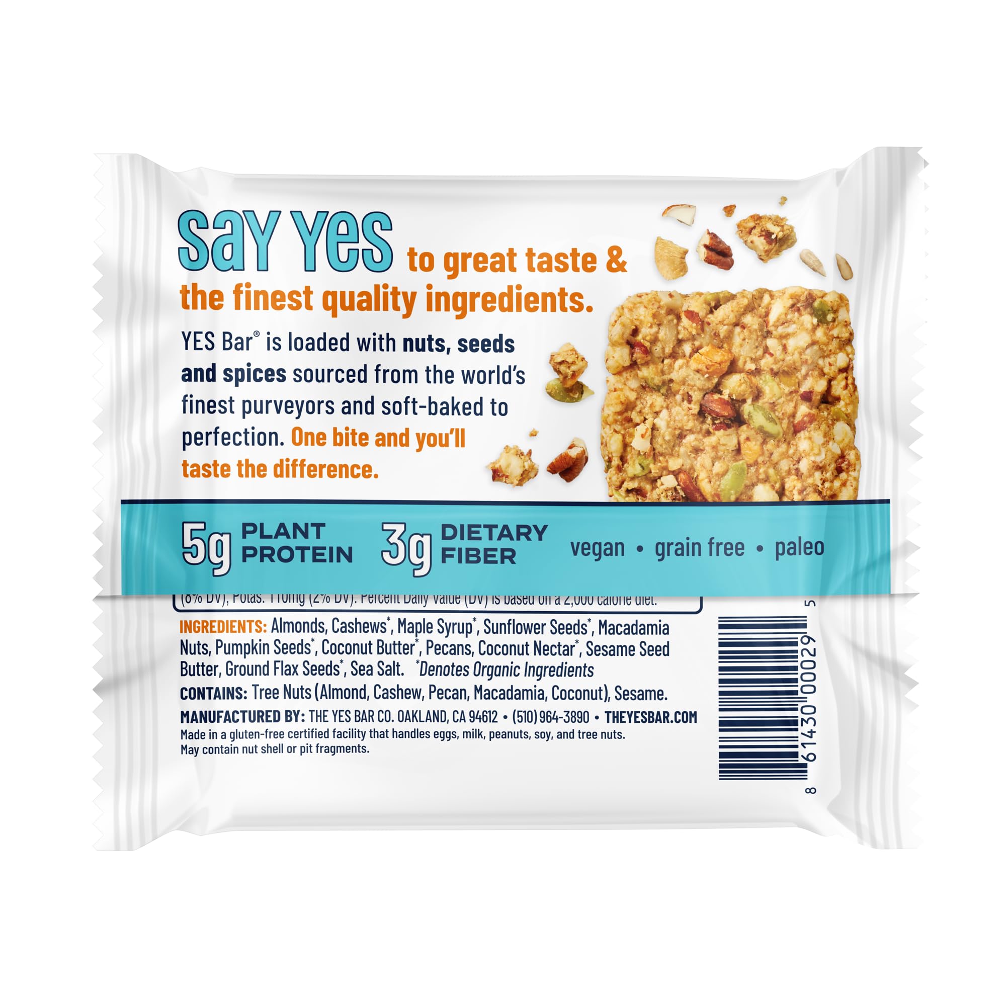 The YES Bar single unwrapped bar showing soft-baked interior and easy handheld snack benefit