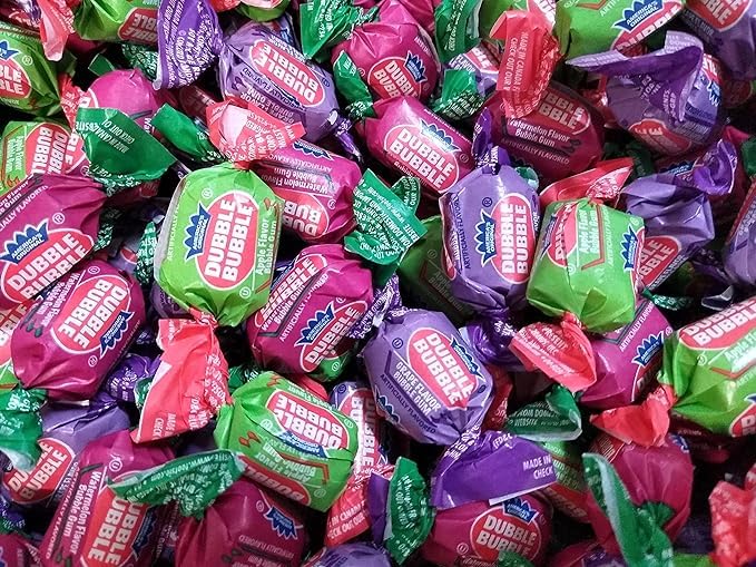 TheCandyCo Dubble Bubble front packaging showing colorful wrapped gum and weight