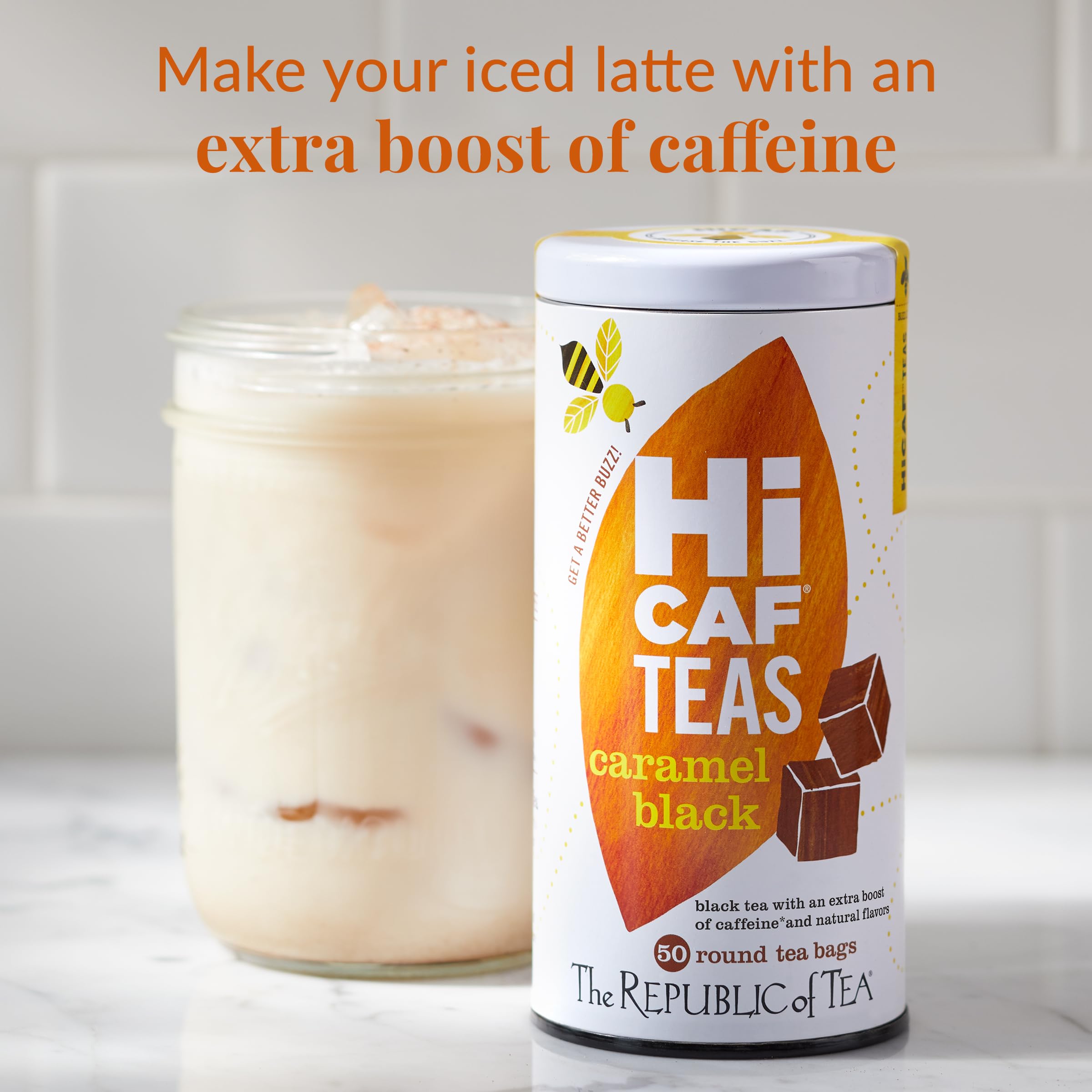 Cup of brewed HiCAF Caramel Black Tea showing deep color and focused energy benefit