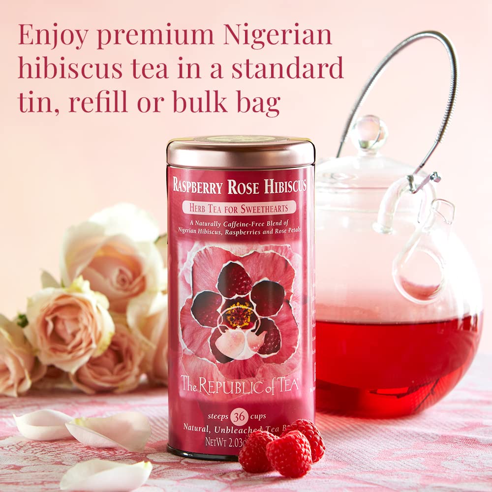 Steeped cup of deep crimson Raspberry Rose Hibiscus by The Republic of Tea highlighting rich color and flavor appeal