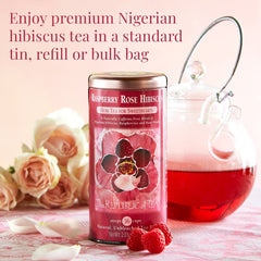 Steeped cup of deep crimson Raspberry Rose Hibiscus by The Republic of Tea highlighting rich color and flavor appeal