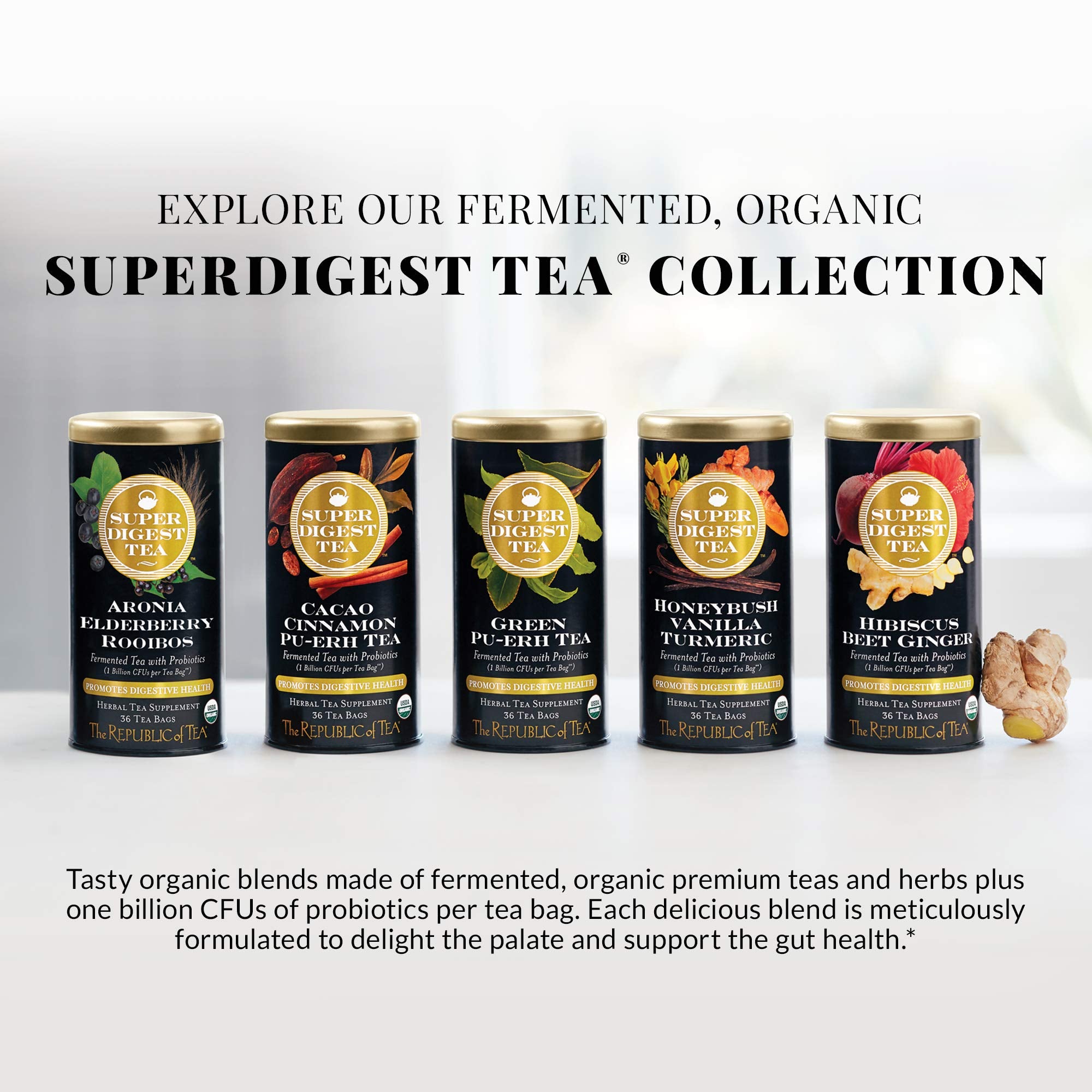 The Republic of Tea beside mug for scale demonstrating single‑serve portioning