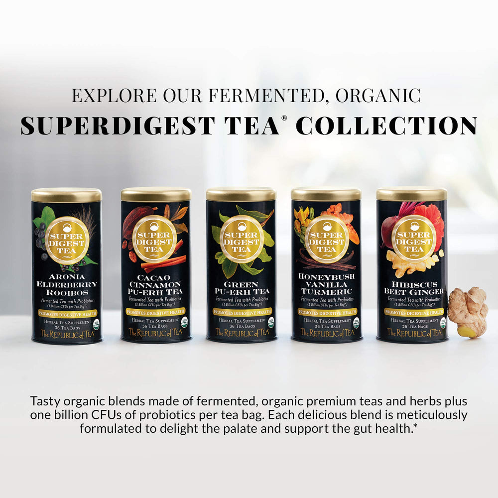 The Republic of Tea beside mug for scale demonstrating single‑serve portioning