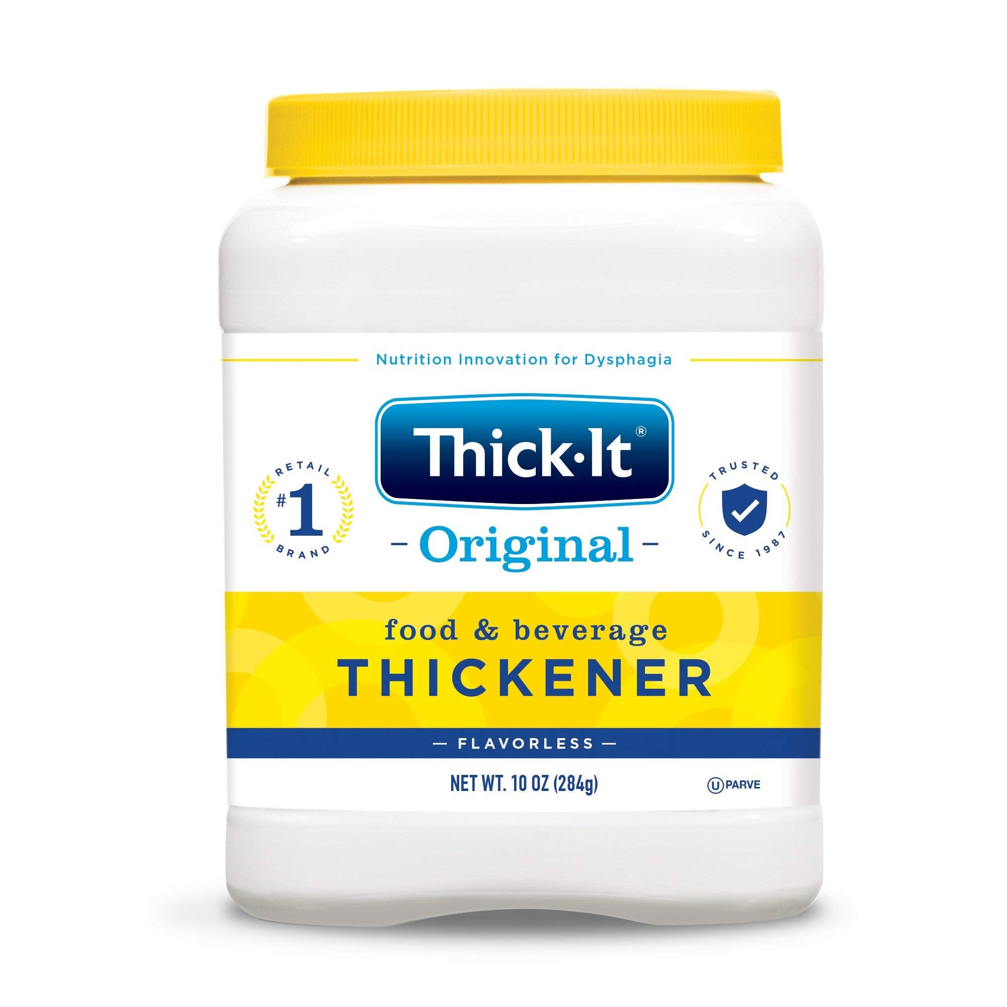 Thick-It canister front view showing product and label, convenient packaging benefit