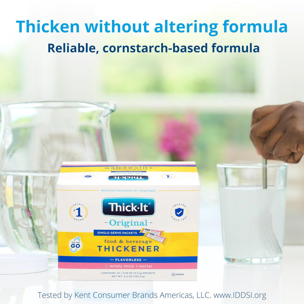Thick-It packet beside a teaspoon to show 5g single-serve size