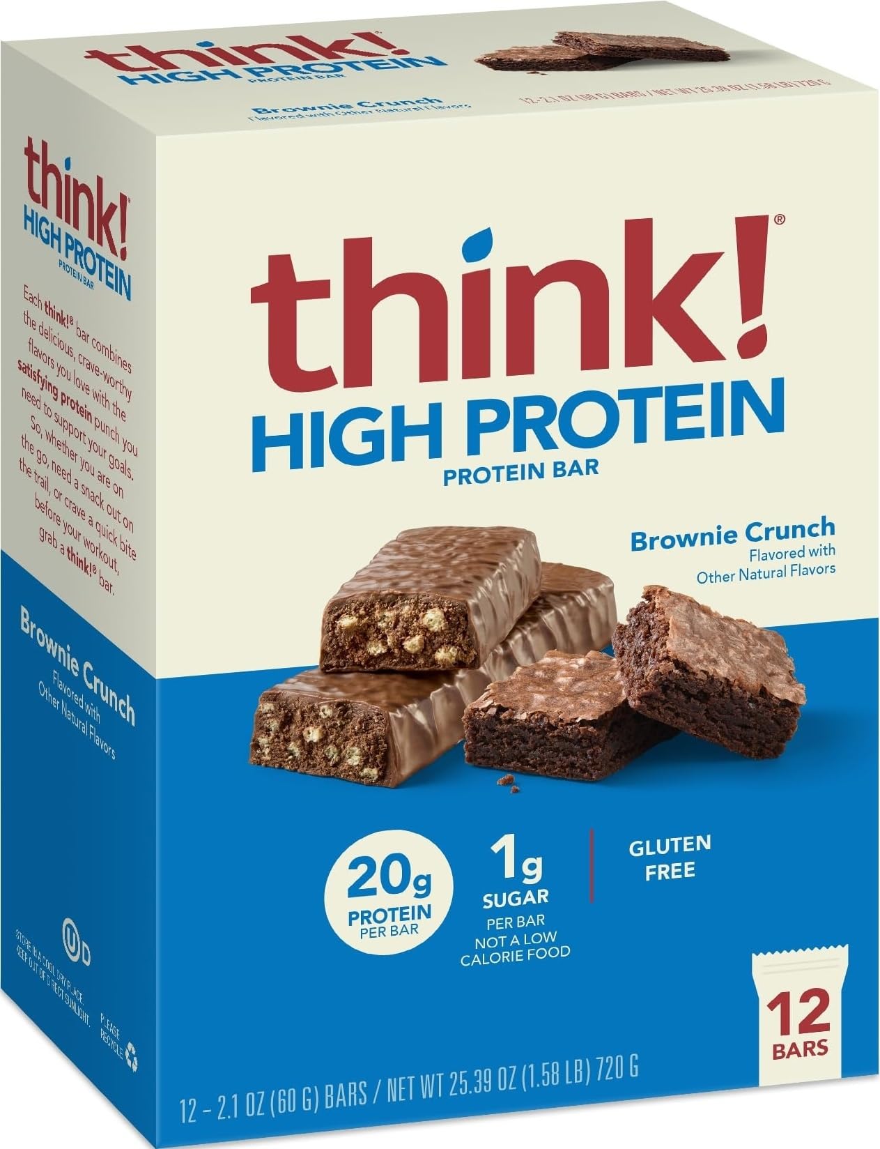 think! Brownie Crunch front packaging showing box of twelve bars, convenient storage