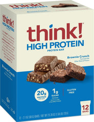 think! Brownie Crunch front packaging showing box of twelve bars, convenient storage