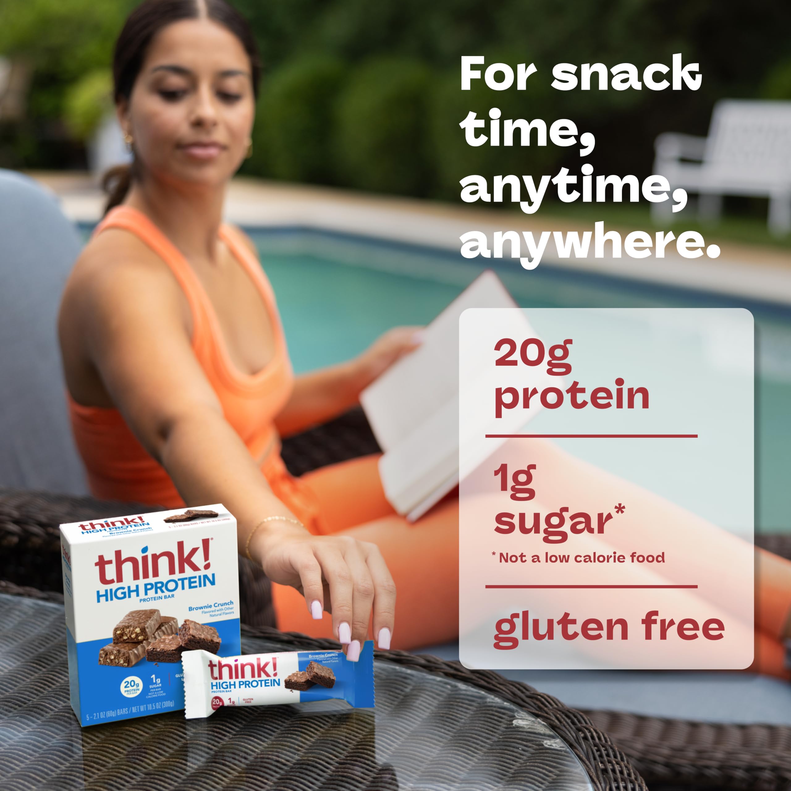 think! Brownie Crunch held in hand to show size and portable single-serve convenience