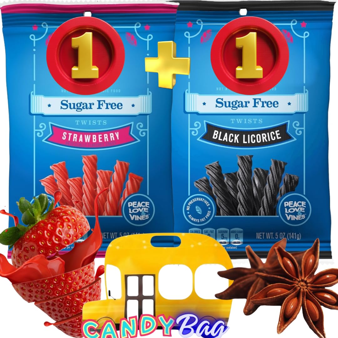 Think Candy front packaging showing both 5oz sugar free licorice bags and label benefits