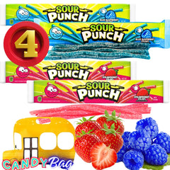 Think Candy front view of four trays and resealable bag showing flavors and packaging benefit