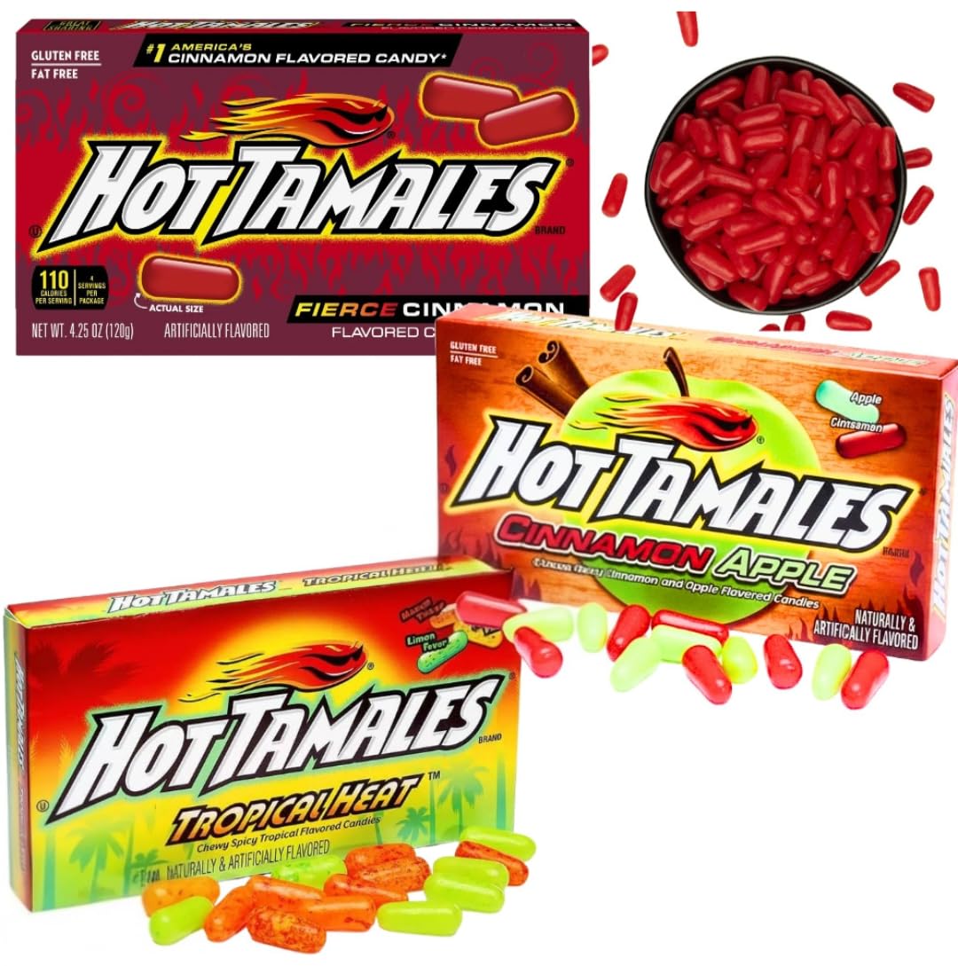 Think Candy Hot Tamales front packaging showing three theater boxes and bold flavors