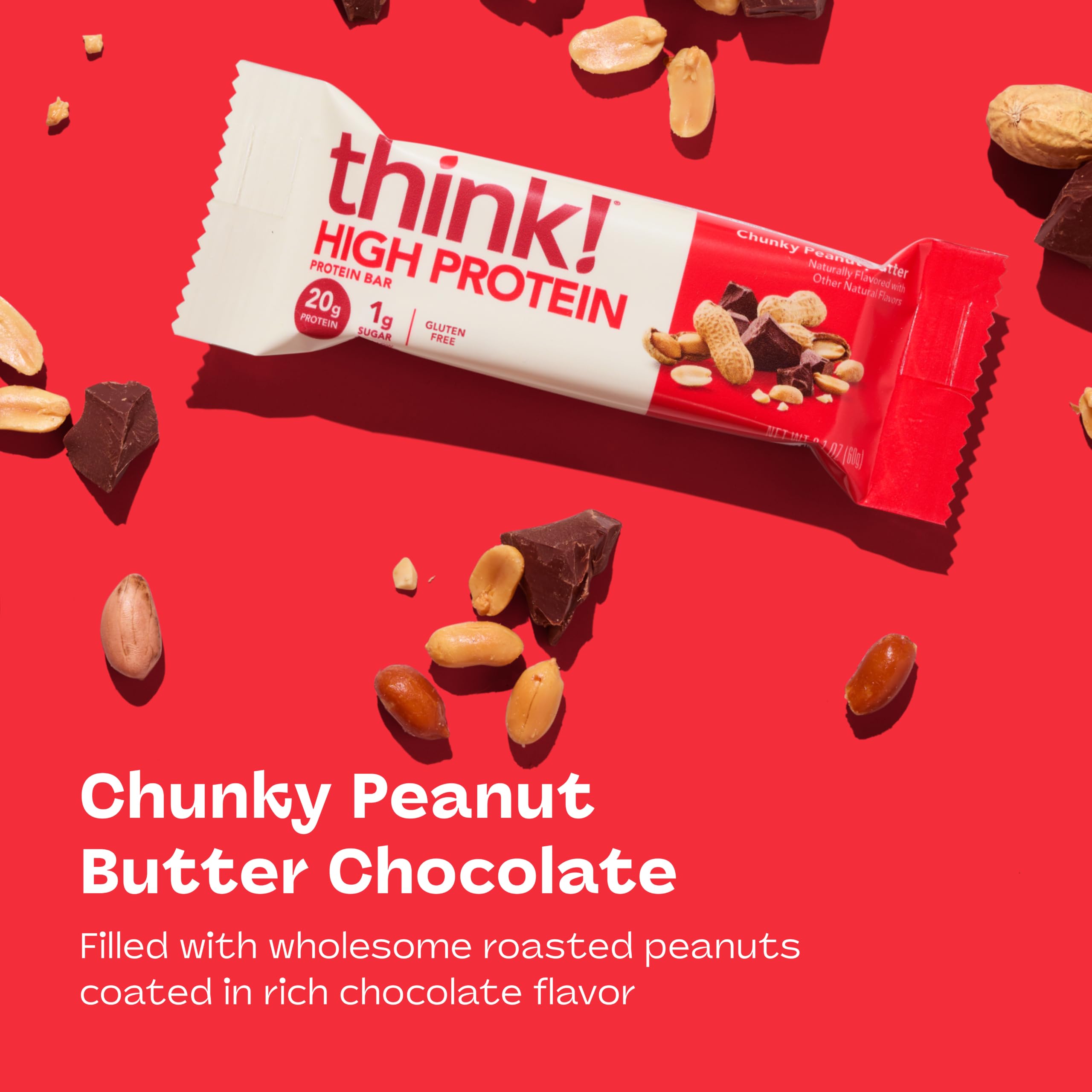 think! close-up of chunky peanut pieces and chocolate coating for crunchy taste