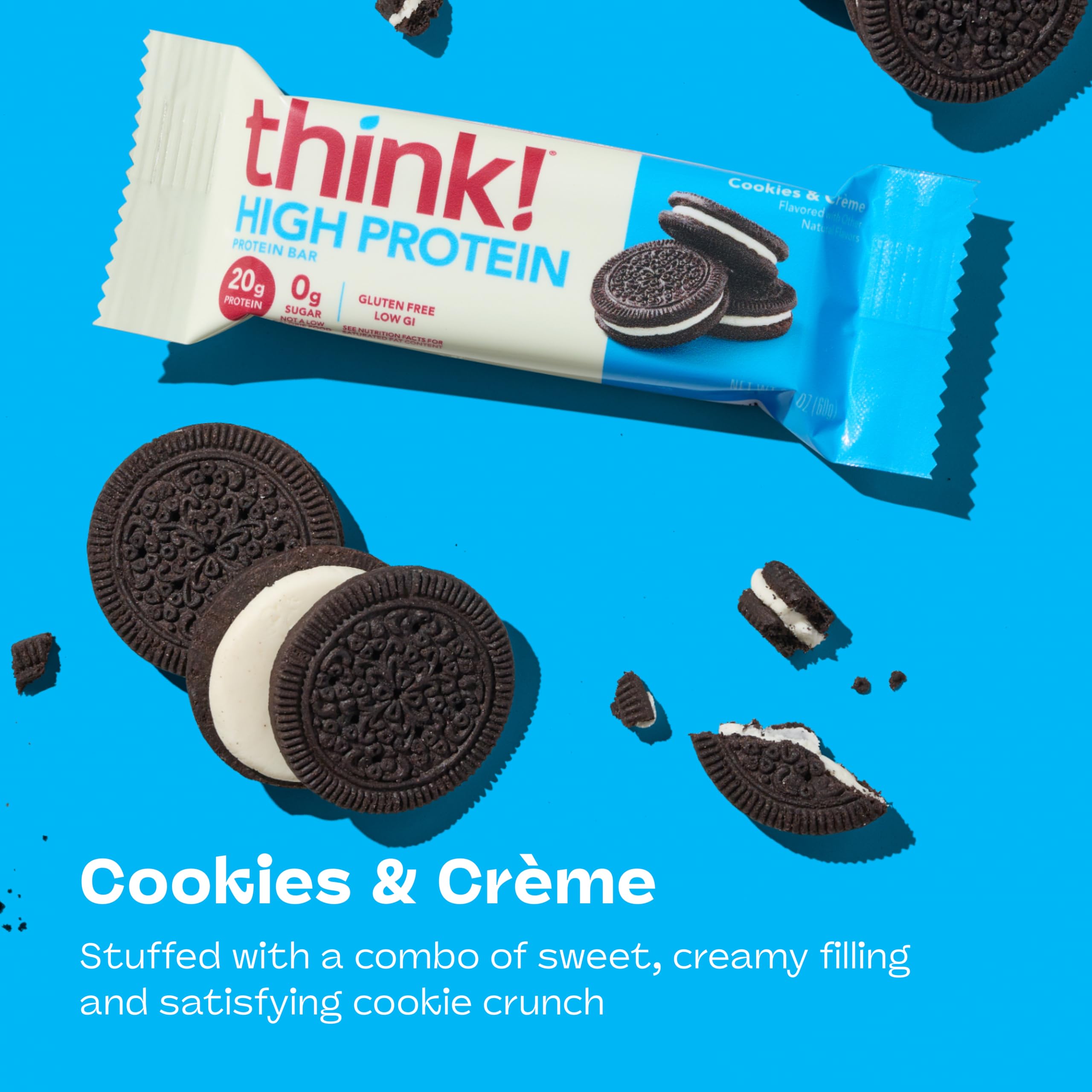 think! single Cookies and Crème bar unwrapped showing coating and snack-ready portability
