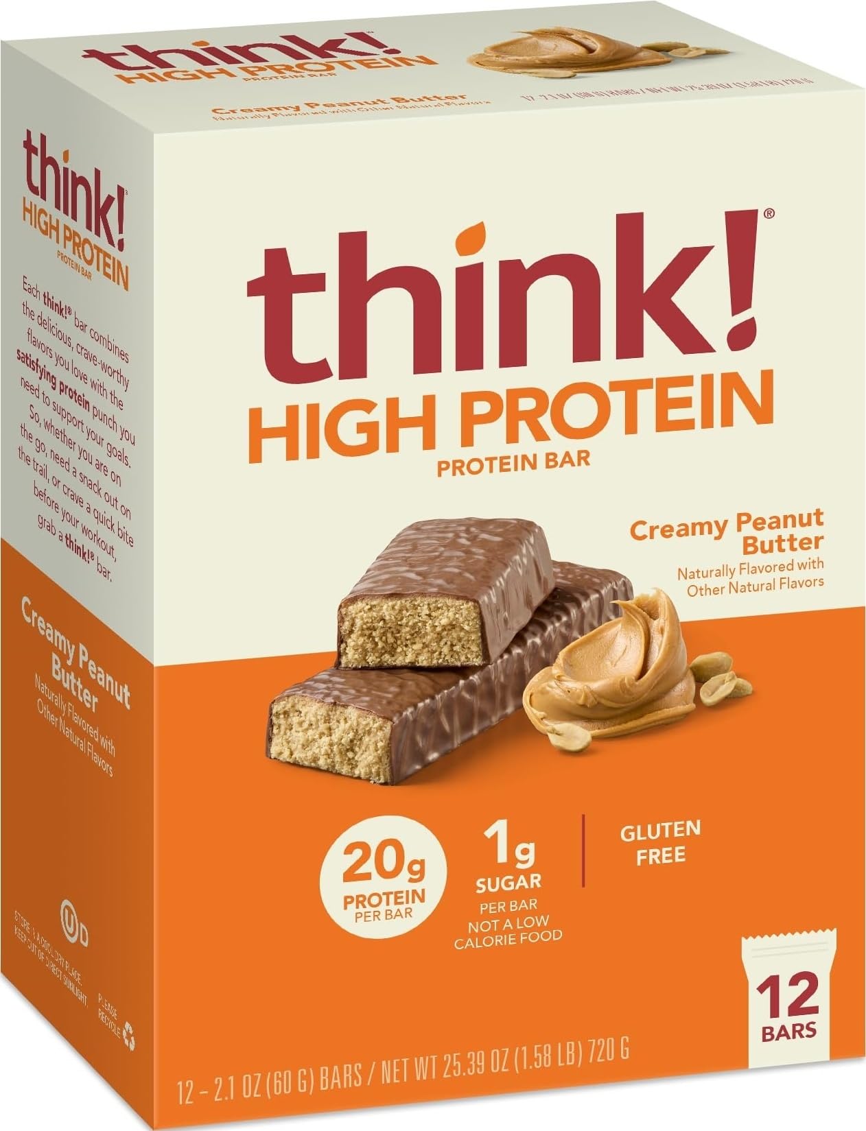thinkThin front box showing 12-count packaging and protein claim
