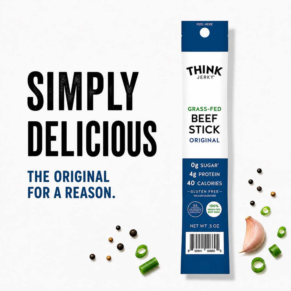 Think Jerky sticks inside a backpack highlighting travel-ready convenience