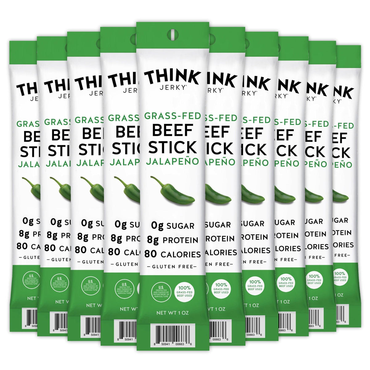 Think Jerky front packaging showing 10-pack and benefits for easy identification