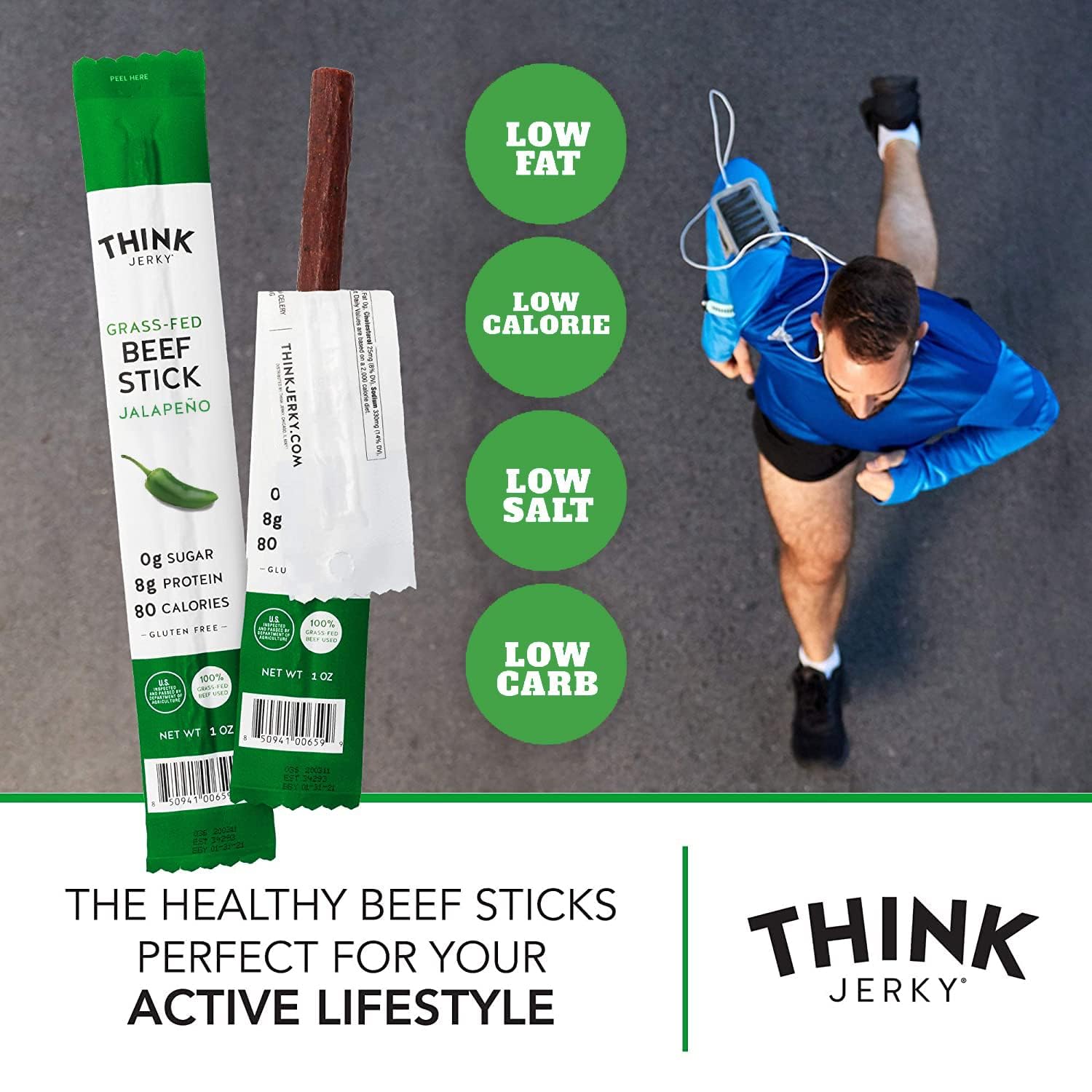 Think Jerky stick in hand showing 1.0 oz size for portion control