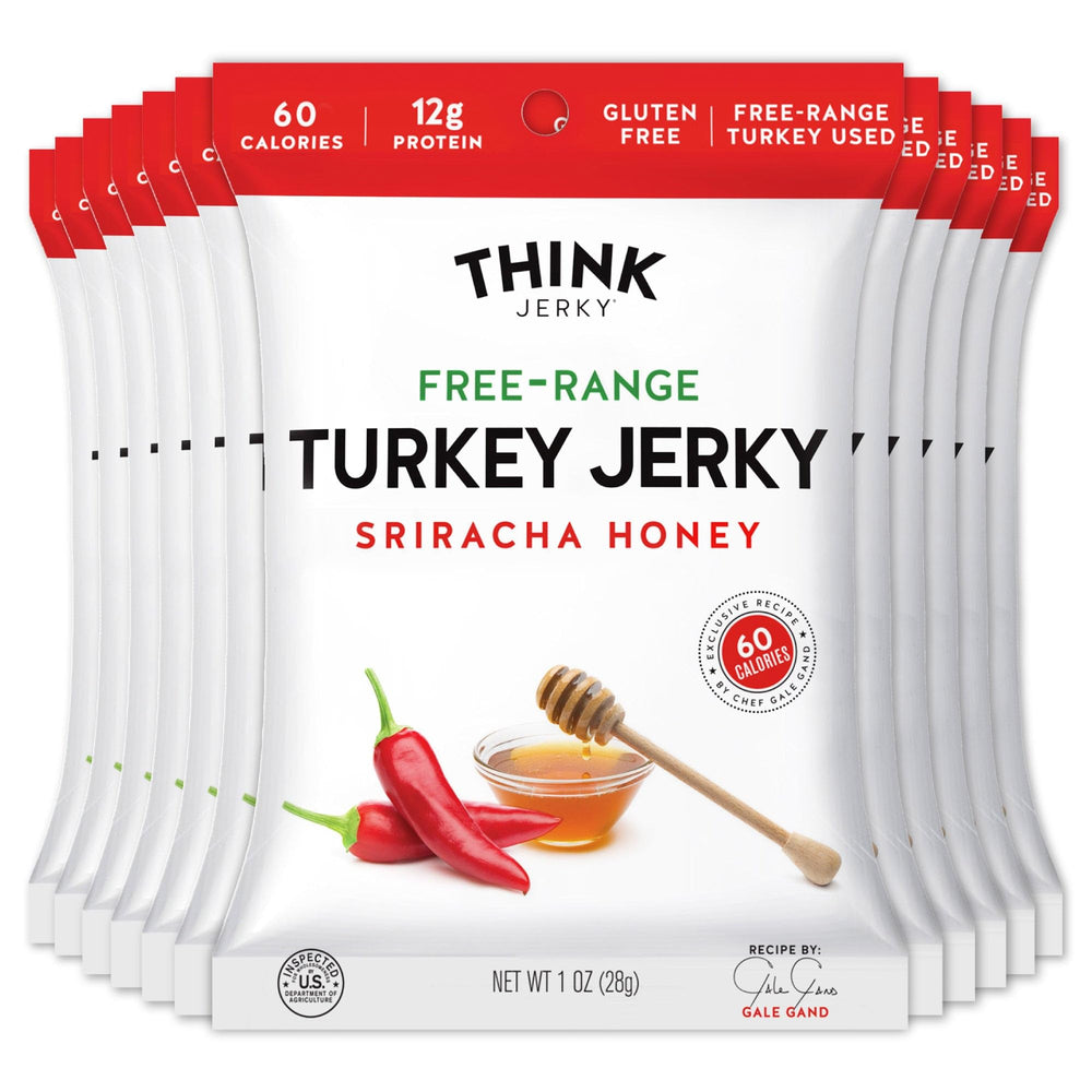 Think Jerky front packaging showing sriracha honey turkey bags and brand logo for trust