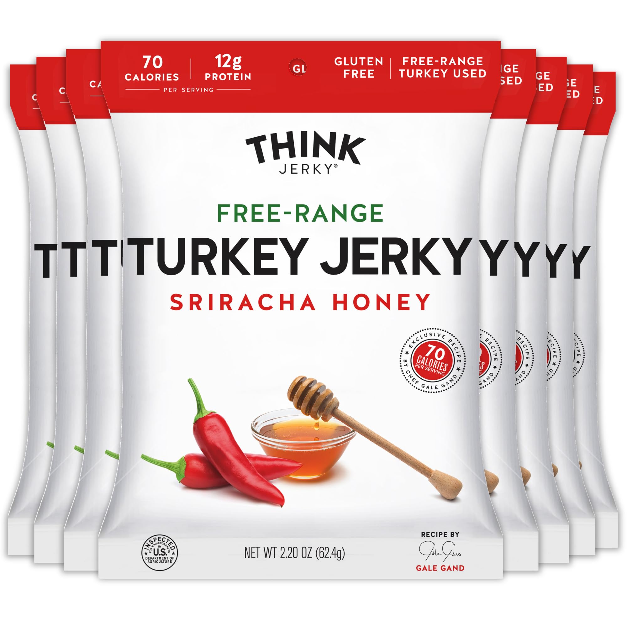 Think Jerky front packaging showing bold sriracha honey branding and 2.2 oz pouch benefit