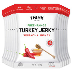 Think Jerky front packaging showing sriracha honey turkey bags and brand logo for trust