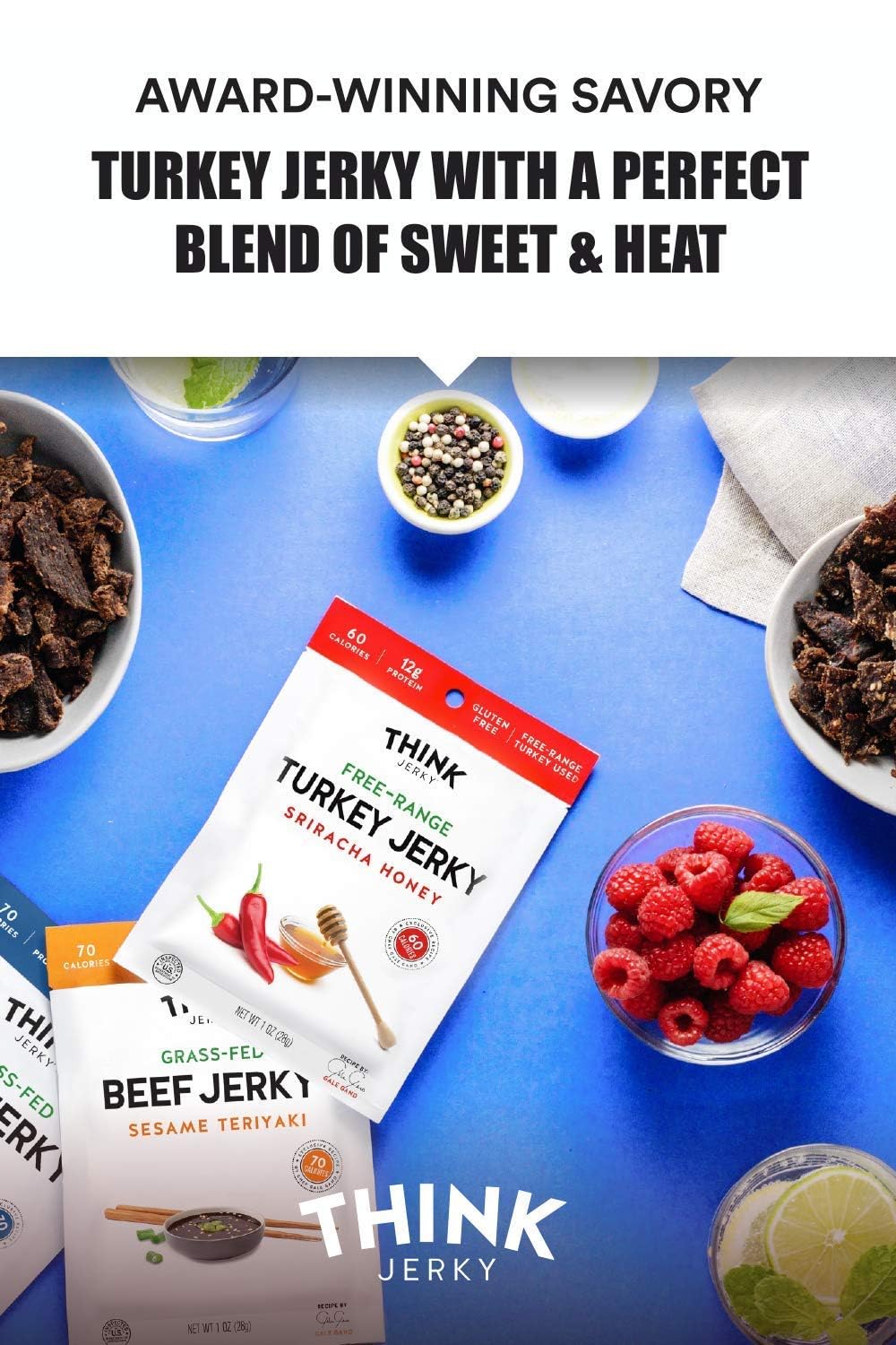 Think Jerky ingredient layout with pasture-raised turkey and spices emphasizing quality sourcing