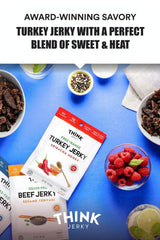 Think Jerky ingredient layout with pasture-raised turkey and spices emphasizing quality sourcing