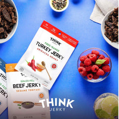 Think Jerky served on a snack board illustrating portable convenience and satisfying taste