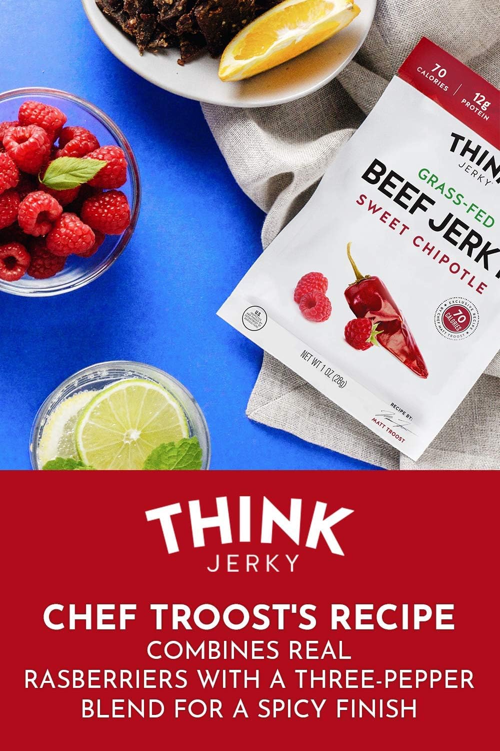 Think Jerky next to a smartphone to show 2.2 oz bag size and portability
