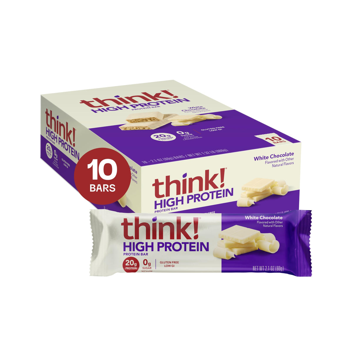 think! front packaging showing 10-count box and protein highlight for quick identification