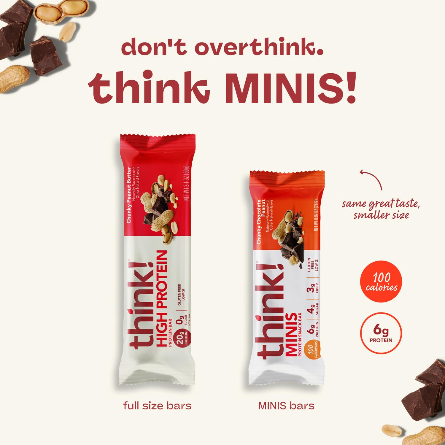 thinkThin nutrition label close-up showing 100 calories, 6g protein, and gluten-free benefit