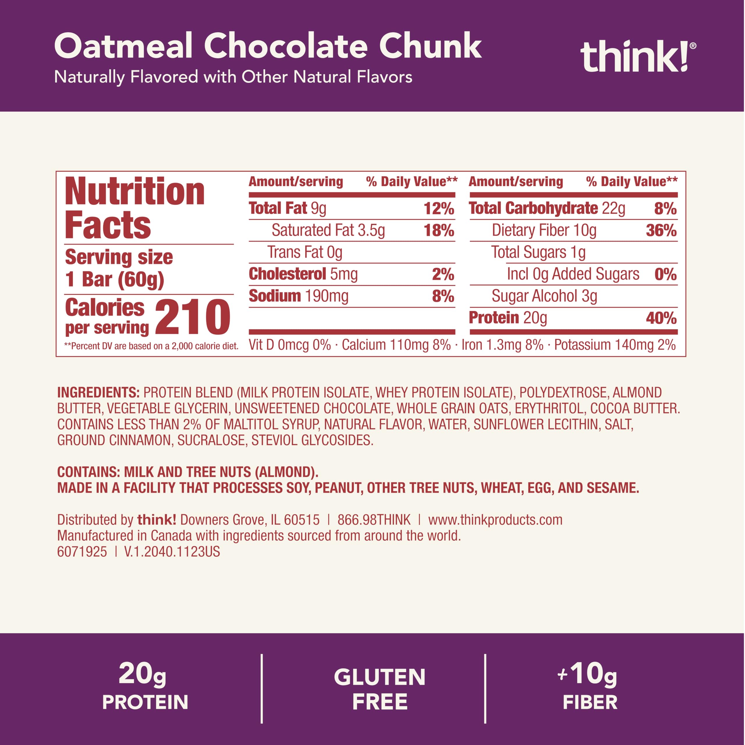thinkThin nutrition label image displaying protein and fiber facts