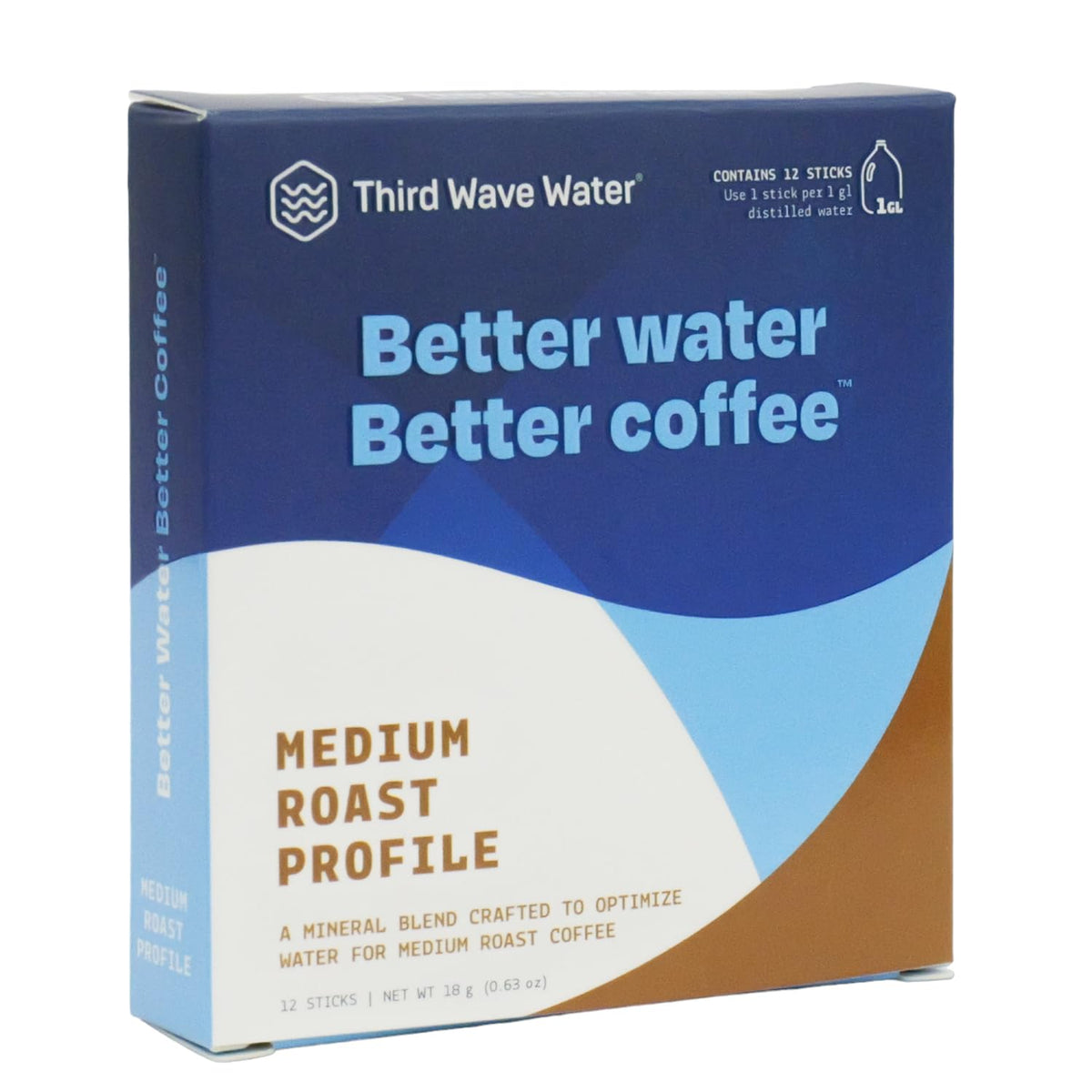 Third Wave Water medium roast front package showing 12 single-gallon sticks and brand logo for consistent brewing
