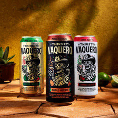Thirsty Vaquero close-up of can label highlighting ingredients and bold skeleton artwork
