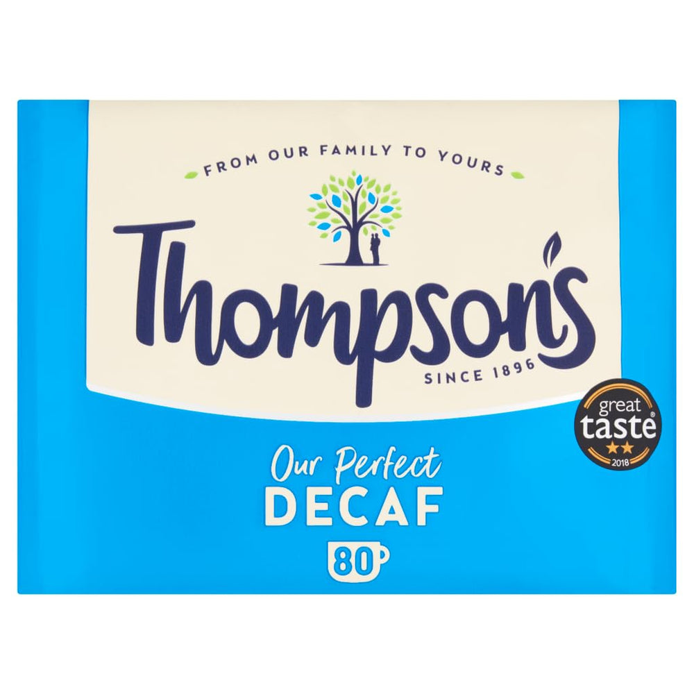 Thompson's decaf front packaging showing 80 tea bags and bold Assam flavor