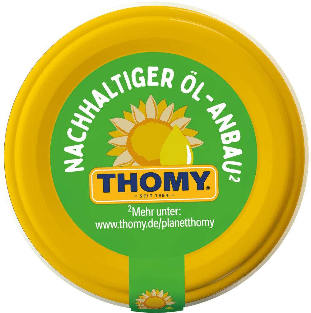 Thomy mayonnaise bottle beside measuring scale, showing compact 250ml convenience