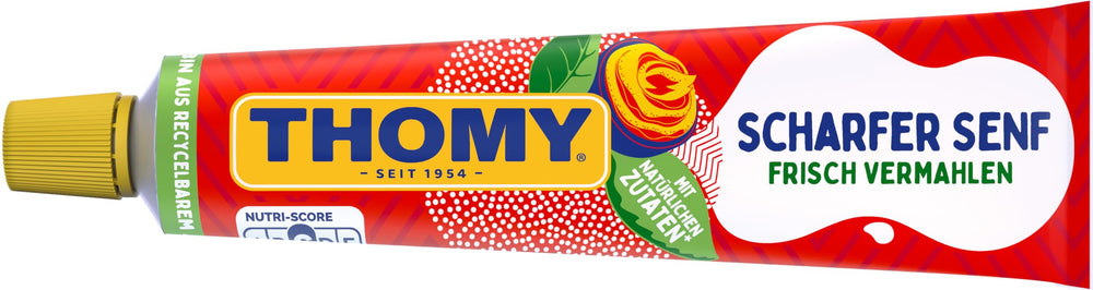 Thomy jar front label showing Scharfer Senf and bold spicy flavor benefit