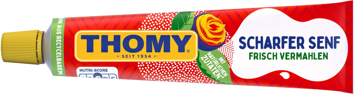 Thomy jar front label showing Scharfer Senf and bold spicy flavor benefit