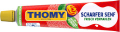Thomy jar front label showing Scharfer Senf and bold spicy flavor benefit