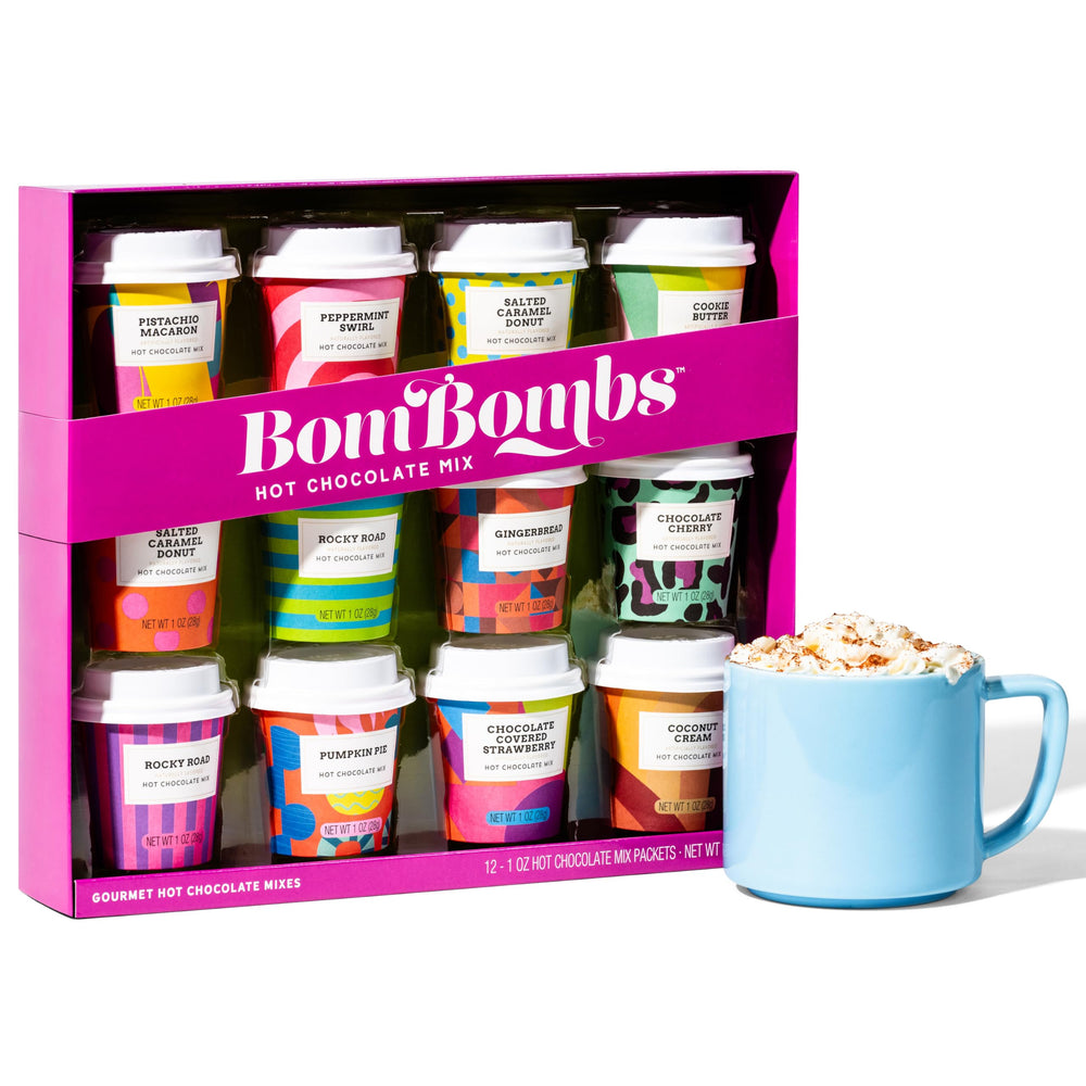 Thoughtfully BomBombs front box displaying 12 mini cocoa cups, perfect gift