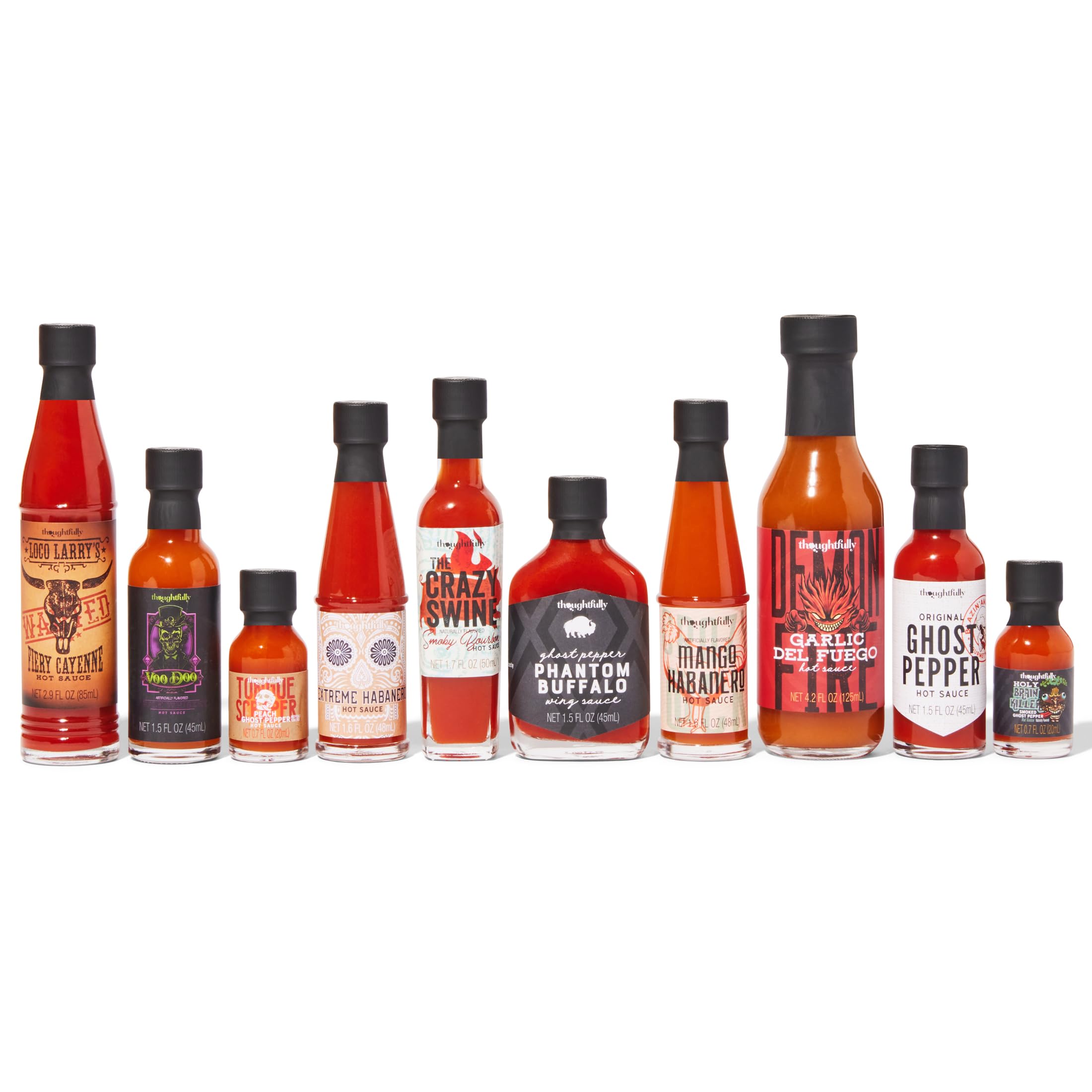 Thoughtfully overhead bottle lineup arranged from mild to extreme for easy comparison