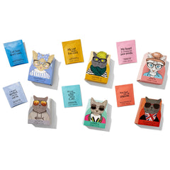 Thoughtfully close-up wrapper art with cat quotes highlighting collectible design
