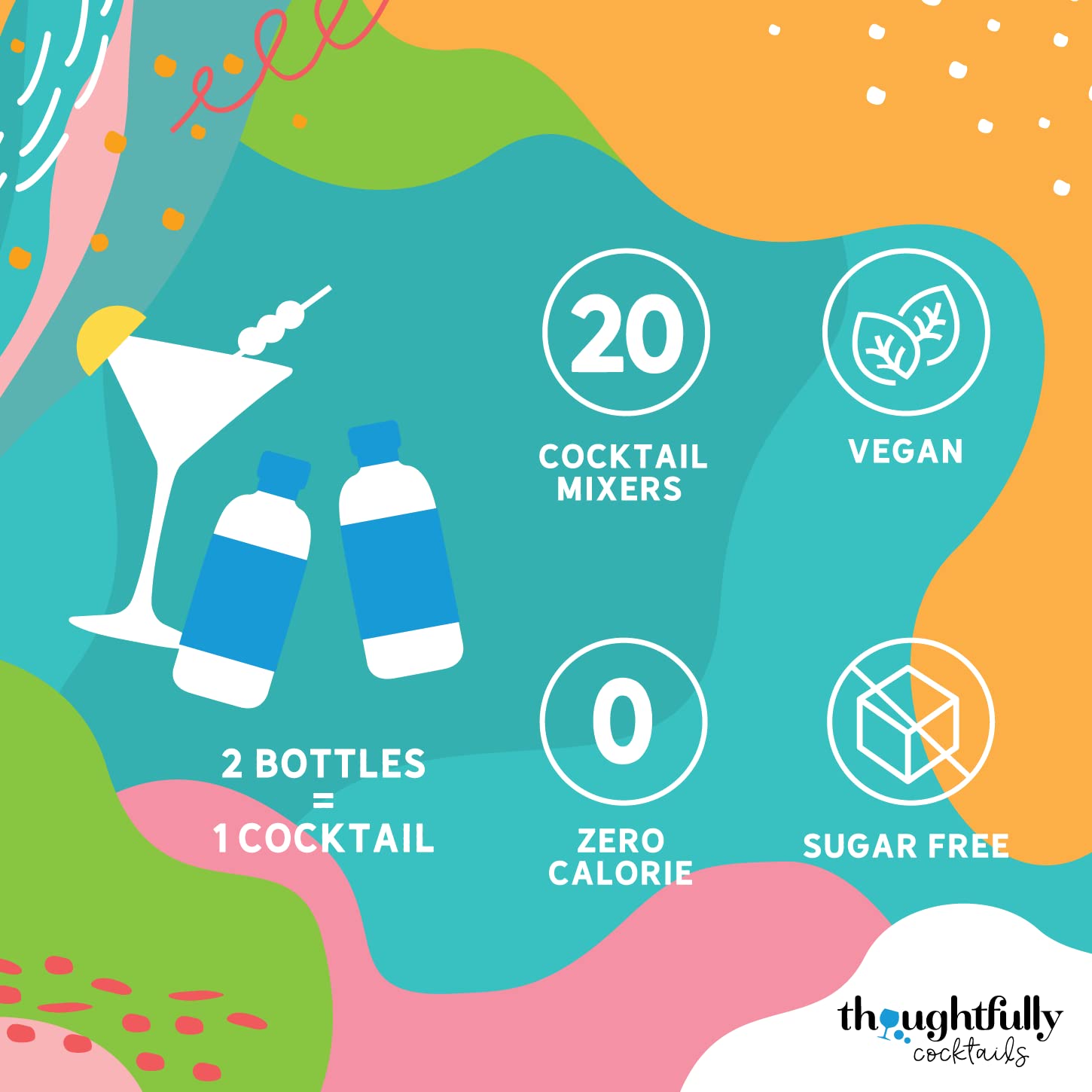 Thoughtfully bottle next to a measuring jigger to show single-serve scale