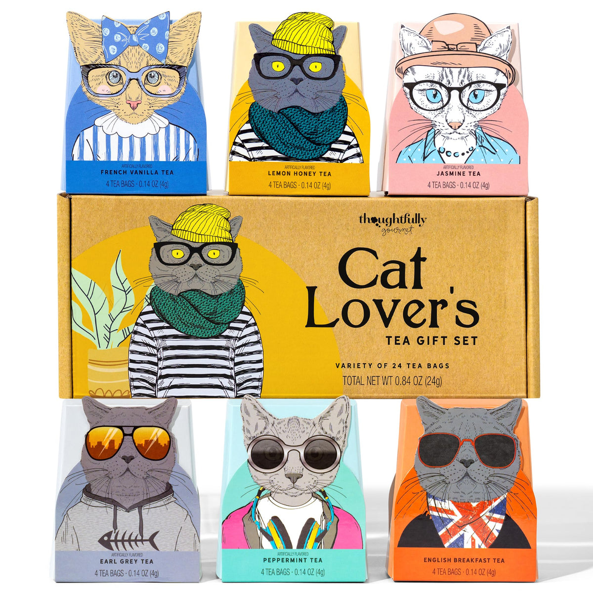 Thoughtfully front of box showing cat art and flavor names for easy gifting