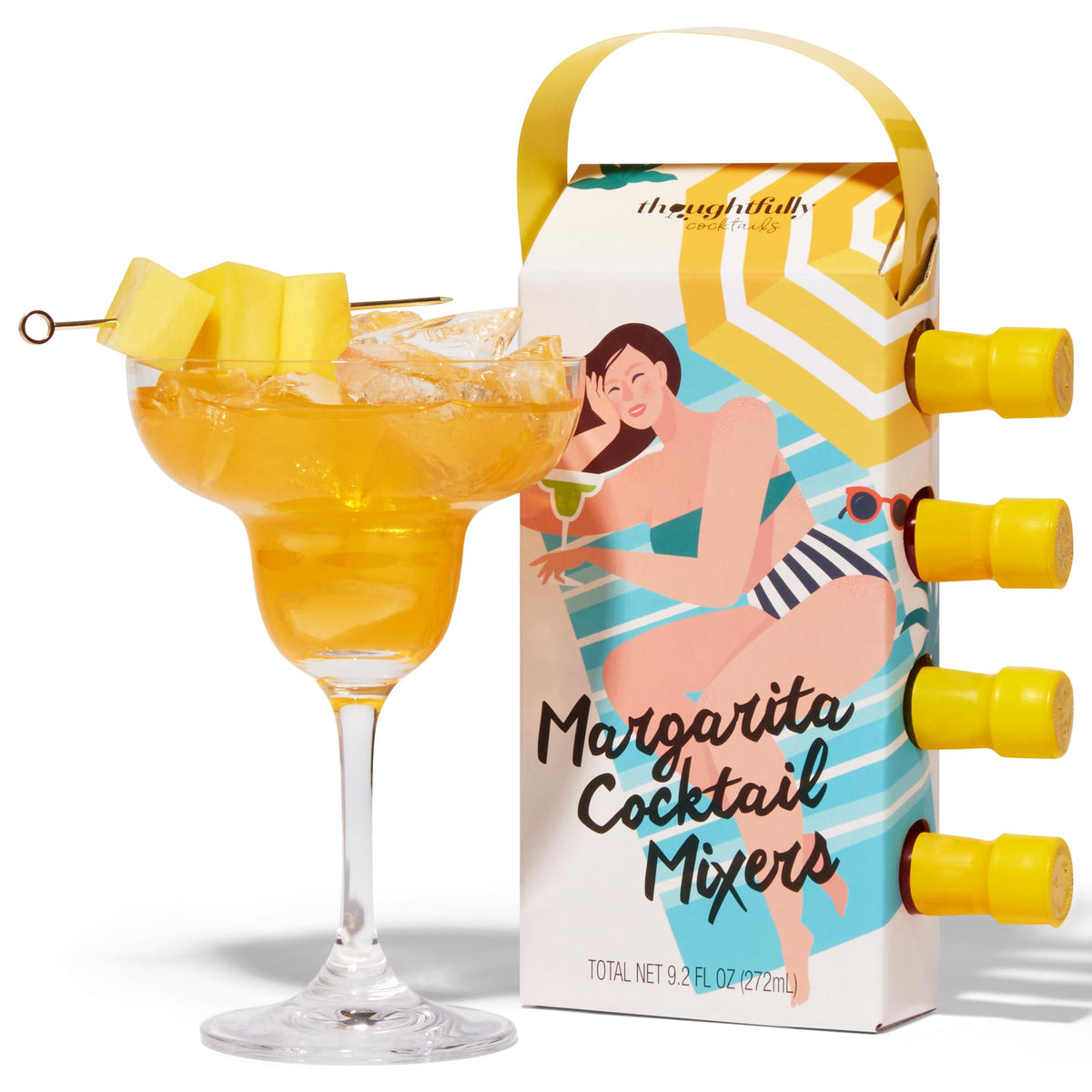 Thoughtfully front packaging showing four mini margarita mixers and rimming salt, ideal gift