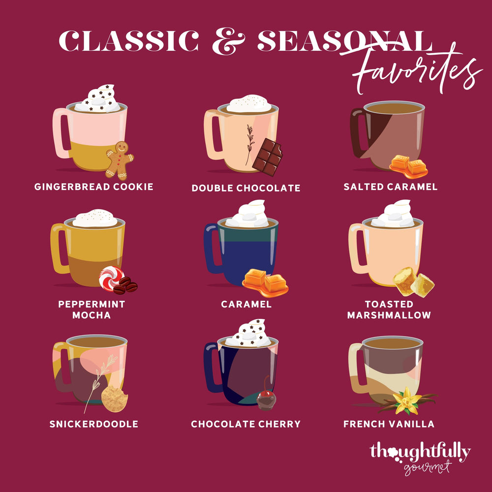 Thoughtfully open box layout with nine individually wrapped cocoa sachets visible