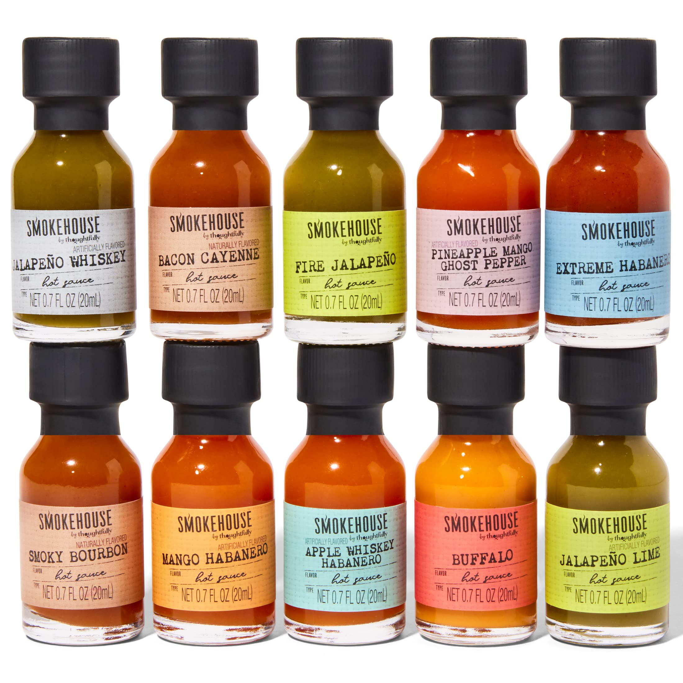 Thoughtfully smokehouse bottle closeup label detailing flavor name and heat level for quick selection