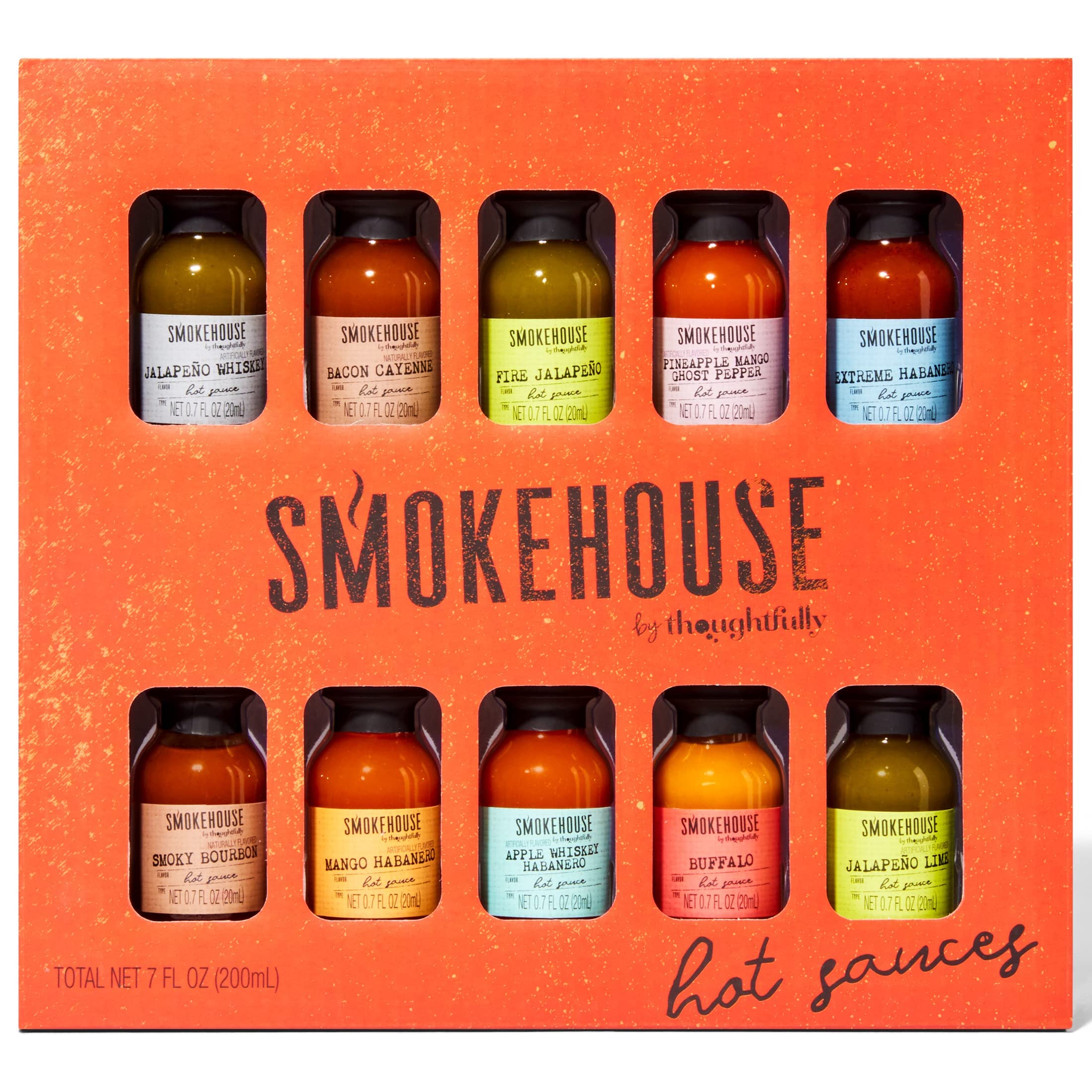 Thoughtfully smokehouse full set front view showing ten sampler bottles and packaging benefit easy gifting
