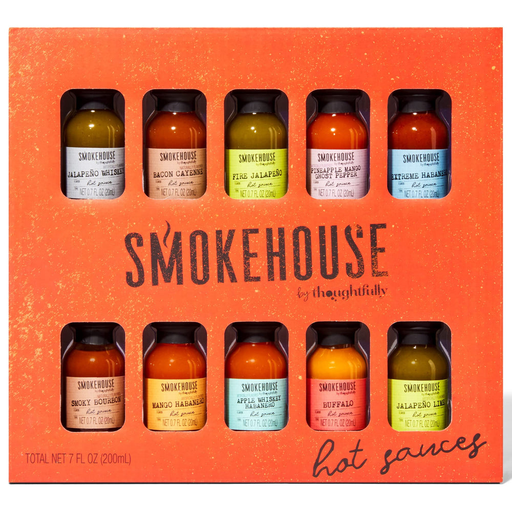 Thoughtfully smokehouse full set front view showing ten sampler bottles and packaging benefit easy gifting