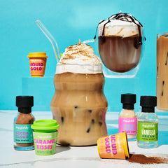 Thoughtfully arrangement of syrups emphasizing easy flavor customization
