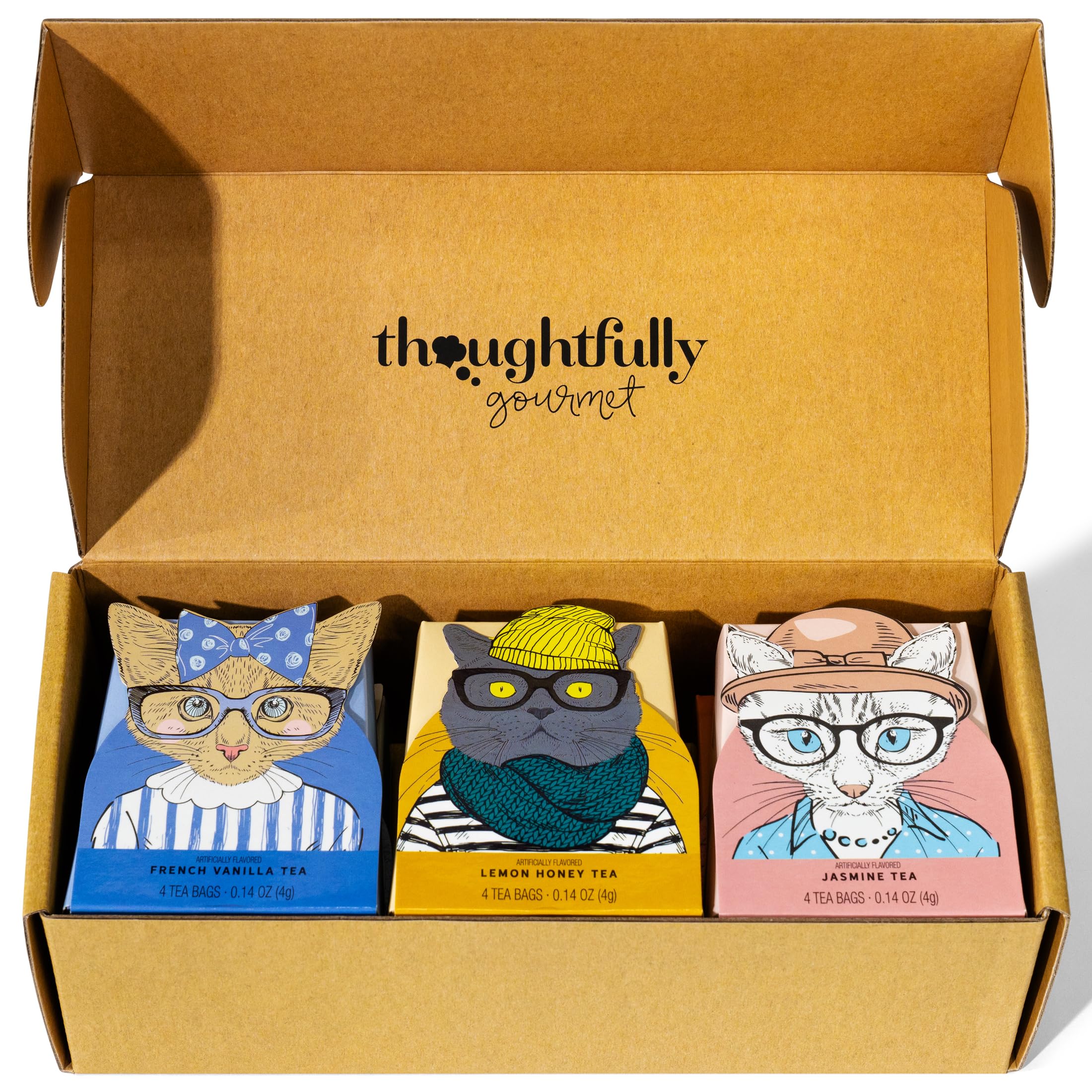 Thoughtfully tea bags arranged to display six flavors and neat packaging benefits
